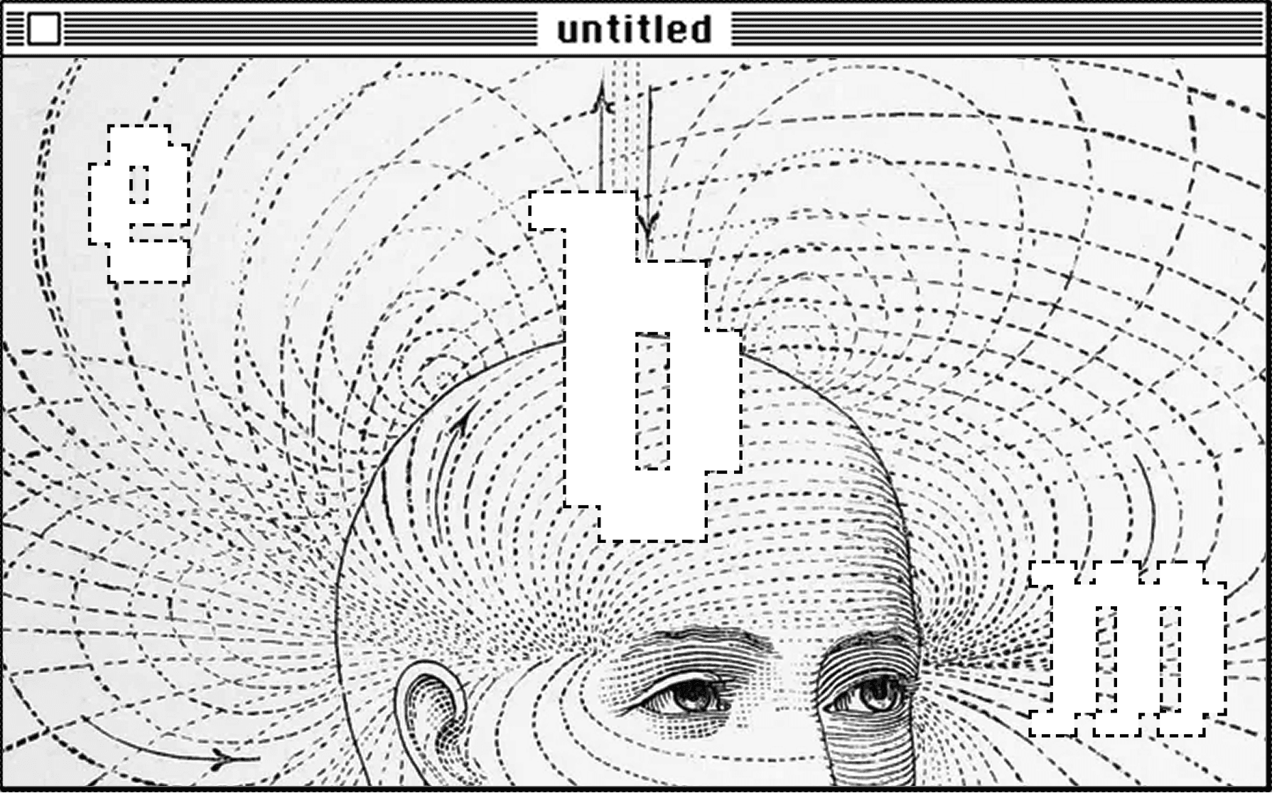 Black-and-white illustration of an untitled digital canvas with dotted contours and a central figure